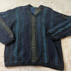 Vintage Tundra Canada 3D Knit Sweater Black Multicolor Abstract Coogi Style XL